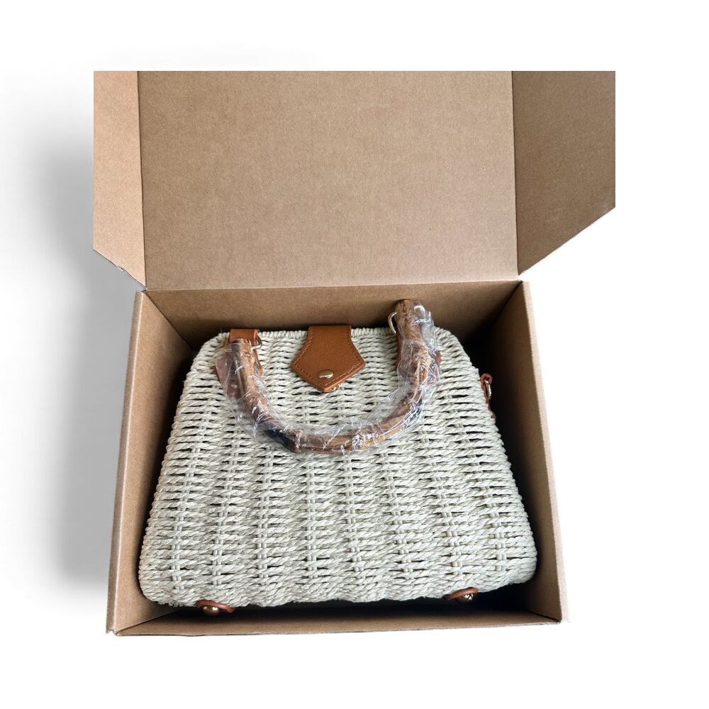 Straw Rattan Handbag Women Khaki Light Top Handle Crossbody Summer Beach Bag - Picture 3 of 9